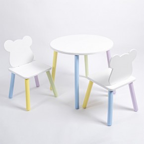 Комплект детский стол КРУГЛЫЙ и два стула МИШКА ROLTI Baby (белая столешница/белое сиденье/цветные ножки) в Кургане - kurgan.ok-mebel.com | фото